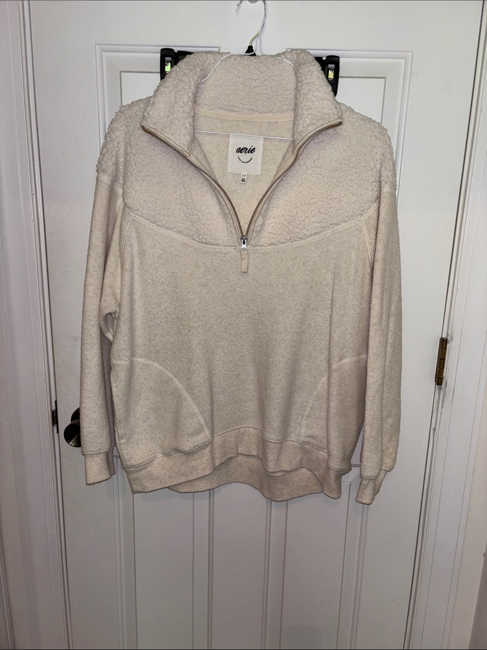 aerie Cream Sherpa Quarter-Zip Pullover